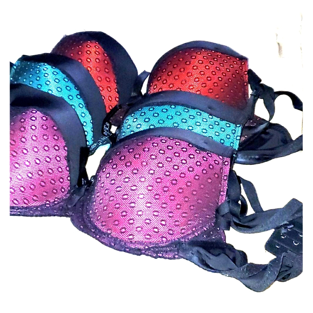3 different color bras, Purple, Green, Hot Red.